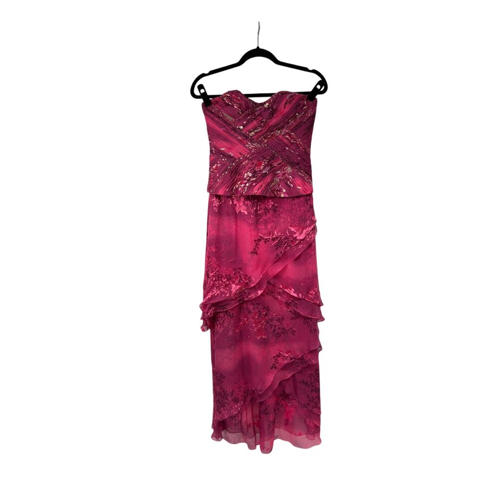 Vintage 90’s Pink Floral Beaded 100% Silk Strapless Formal Dress Womens 6 Ruffle